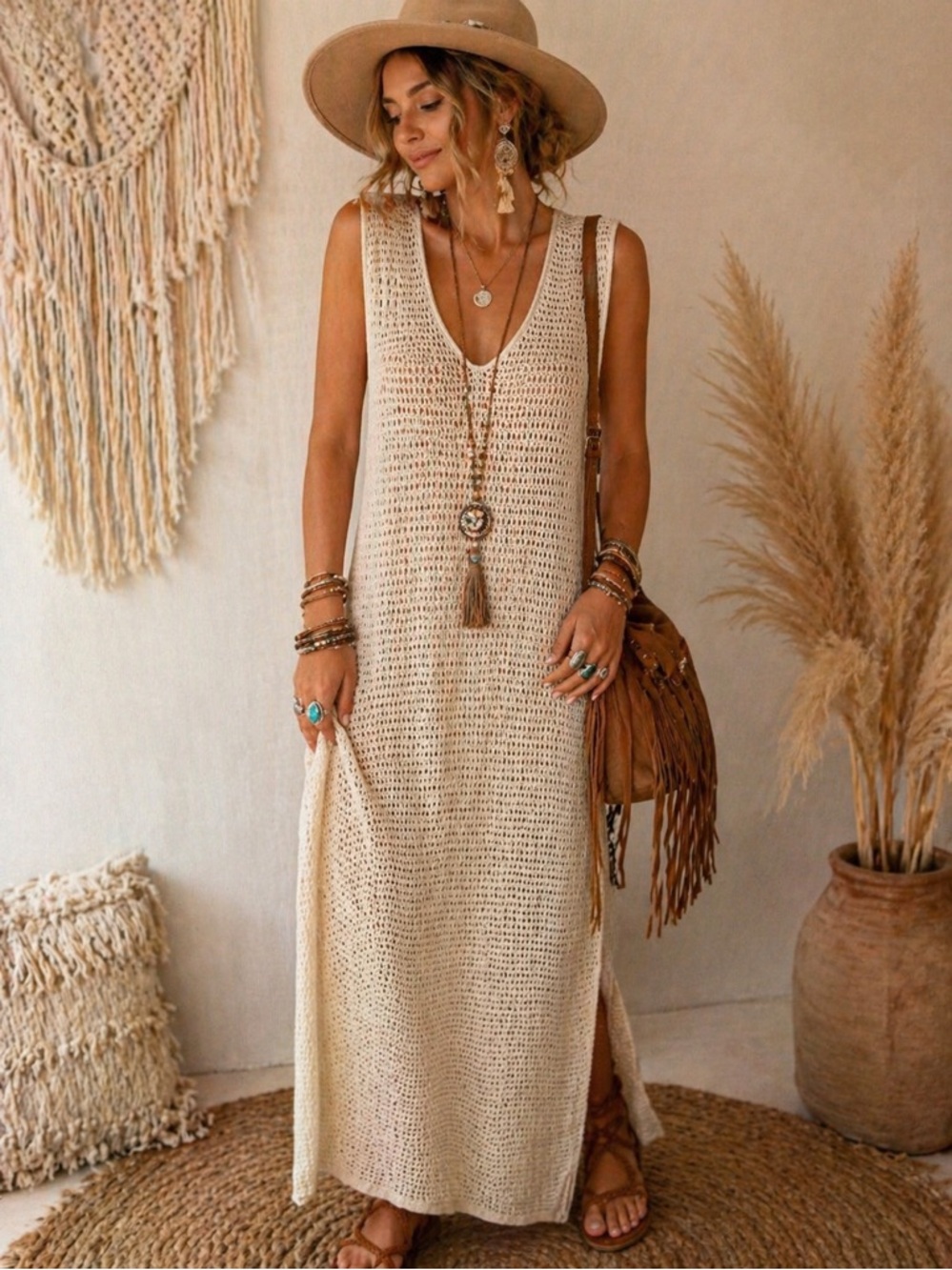 Cotton Crochet Midi Dress Boho Open Knit Beach Cover Up